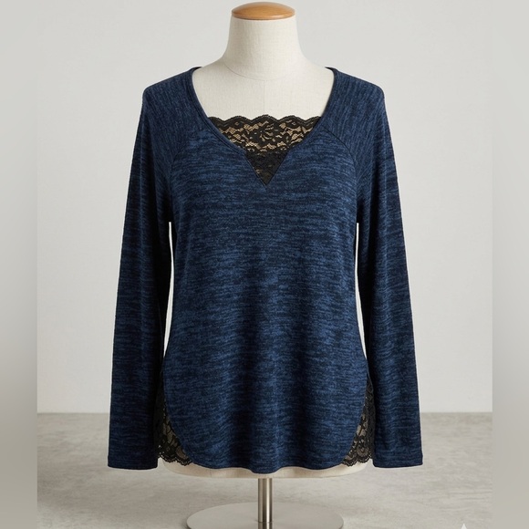 Lane Bryant Tops - Lane Bryant Navy Long Sleeve Top with Lace Detail